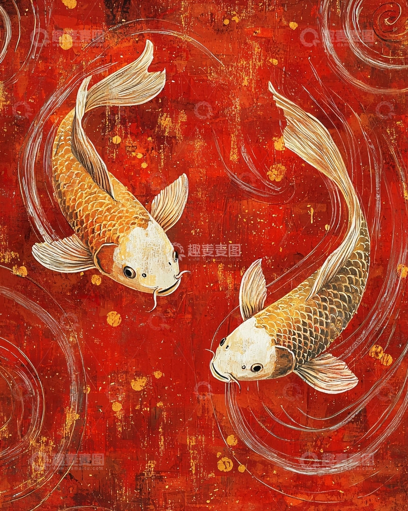 高清大图下载【趣麦麦图】红底金鱼绘画