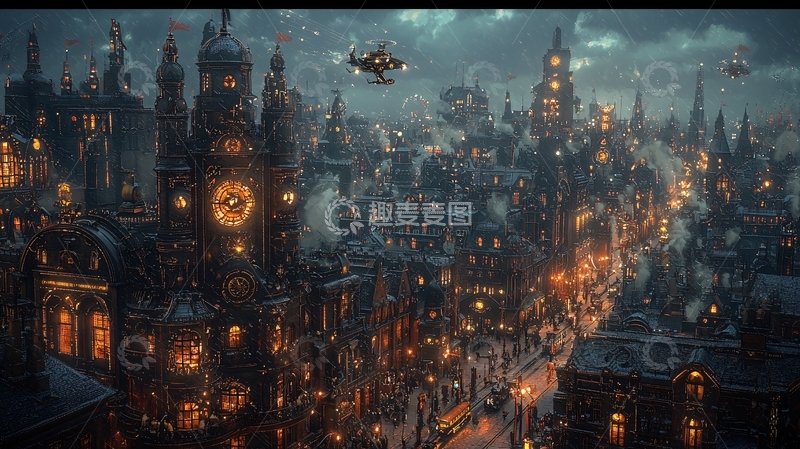 高清大图下载【趣麦麦图】蒸汽朋克风格的夜晚城市