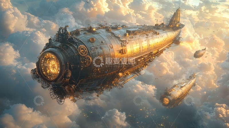 高清大图下载【趣麦麦图】蒸汽朋克飞船云层之上