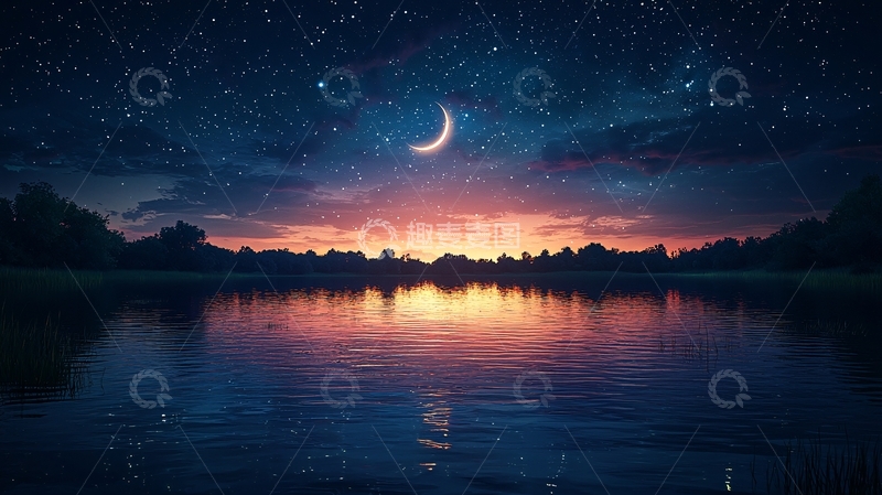 高清大图下载【趣麦麦图】星空湖面月牙