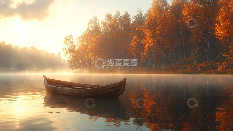 高清大图下载【趣麦麦图】秋日清晨湖边小船