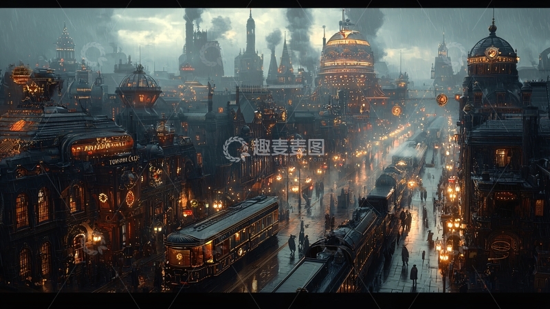 高清大图下载【趣麦麦图】蒸汽朋克风格城市夜景