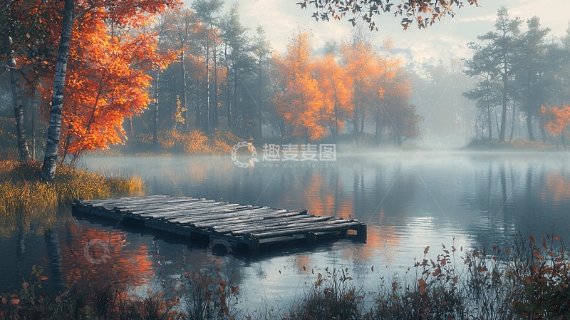 高清大图下载【趣麦麦图】秋日清晨雾气湖面木栈道