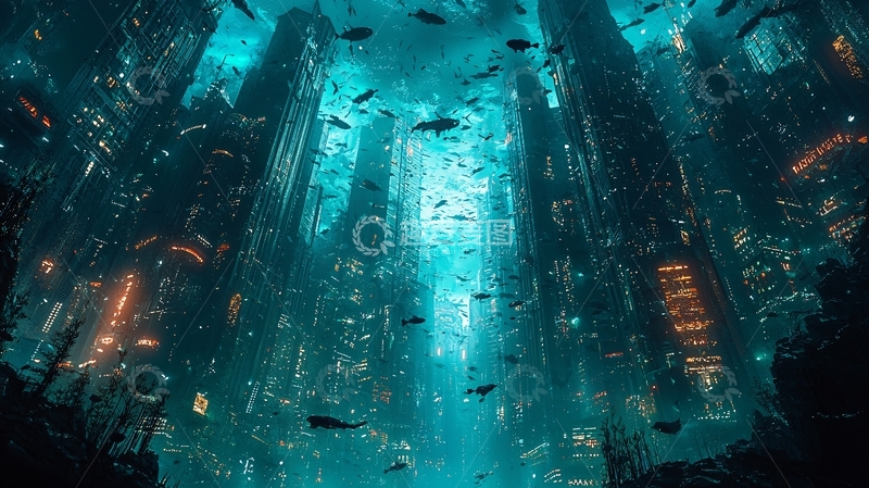 高清大图下载【趣麦麦图】深海城市鱼群环绕