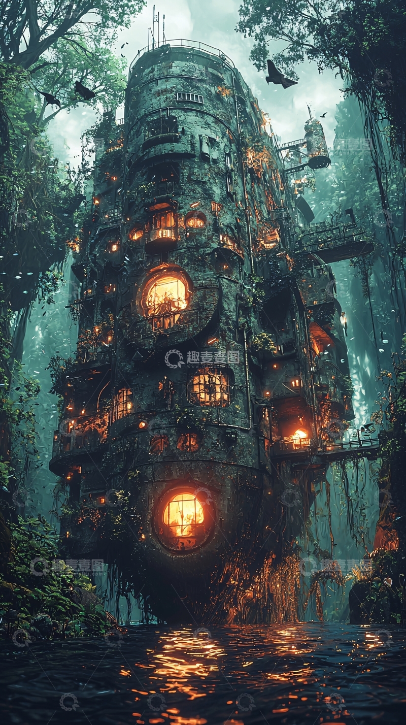 高清大图下载【趣麦麦图】神秘的丛林机械塔