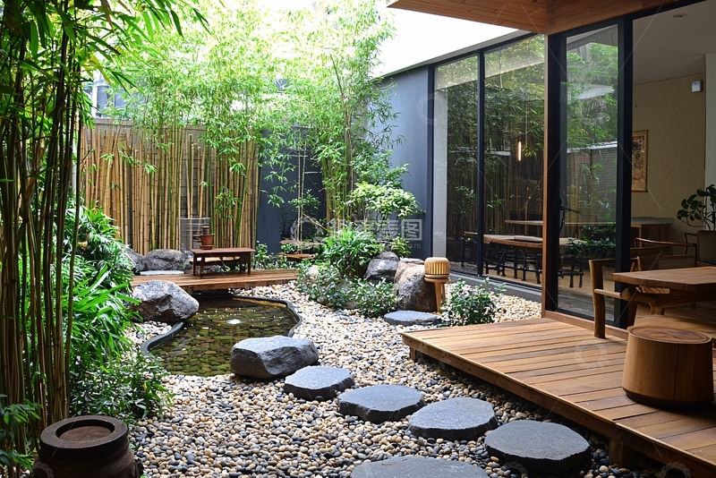 高清大图下载【趣麦麦图】日式庭院竹林流水景观