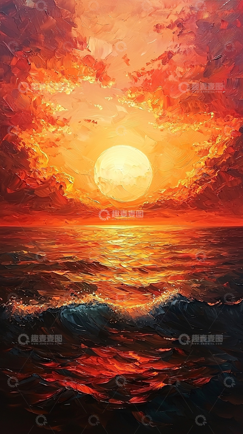 高清大图下载【趣麦麦图】火烧云海边日落