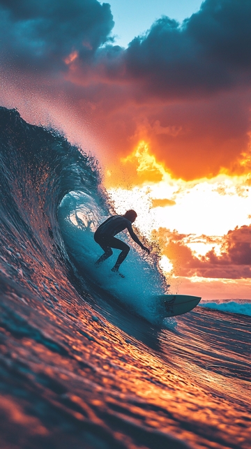 日落冲浪者海浪剪影