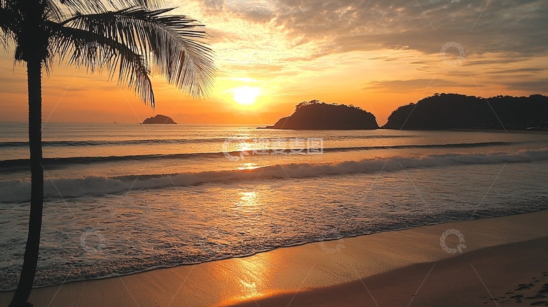 高清大图下载【趣麦麦图】海滩日落椰树剪影