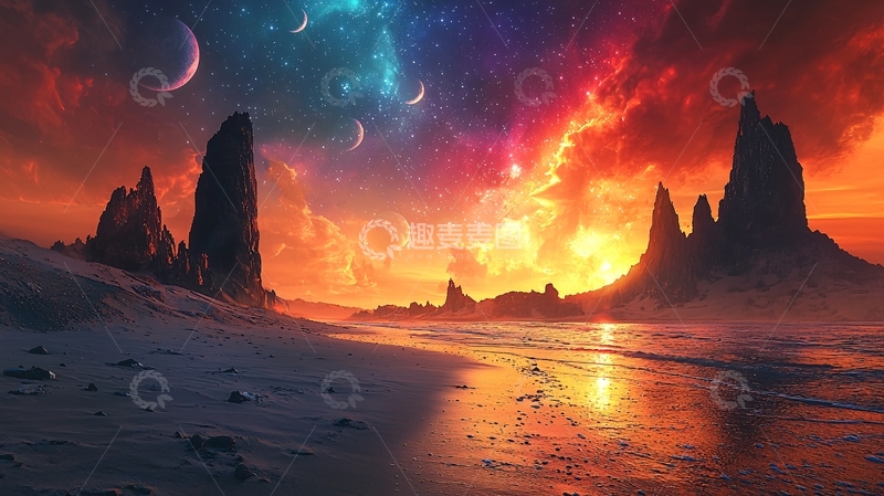 高清大图下载【趣麦麦图】奇幻星球日落海滩