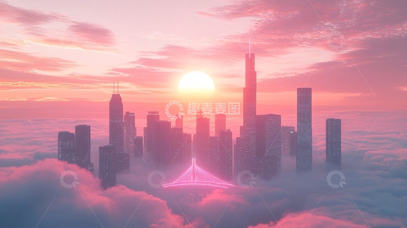 高清大图下载【趣麦麦图】粉红天空下的城市剪影