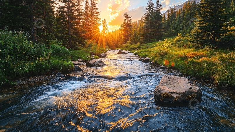 高清大图下载【趣麦麦图】-夕阳西下森林小溪