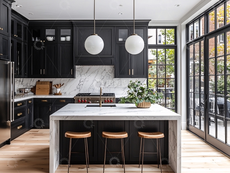 高清大图下载【趣麦麦图】黑色橱柜白色台面的厨房