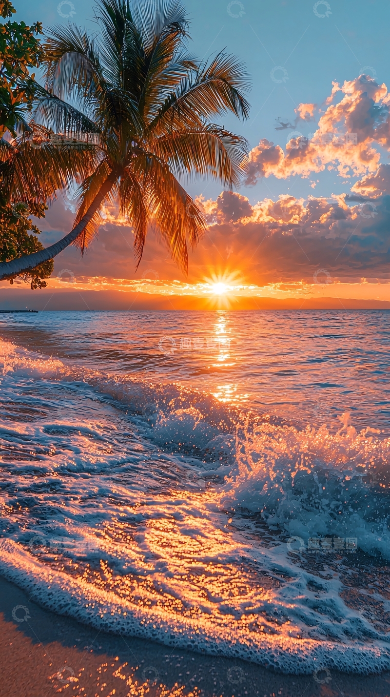 高清大图下载【趣麦麦图】海滩日落椰子树
