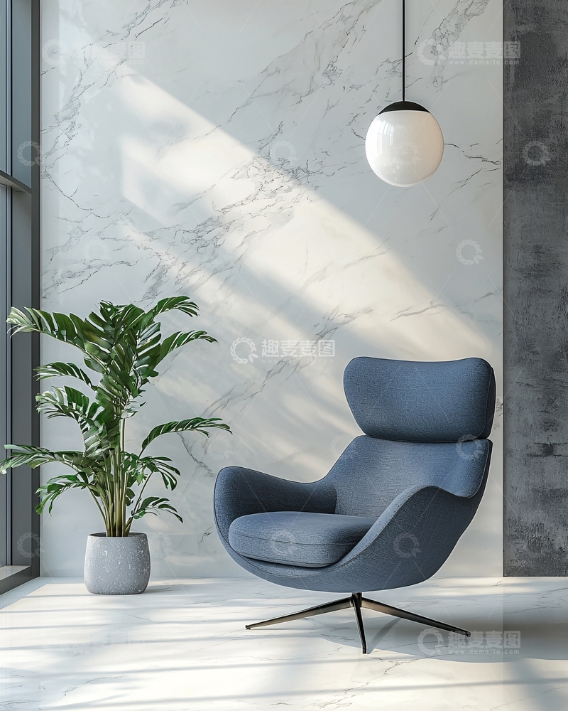 高清大图下载【趣麦麦图】优雅蓝色单人椅与绿植