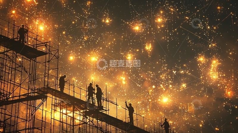 高清大图下载【趣麦麦图】夜空中璀璨的烟火与工地