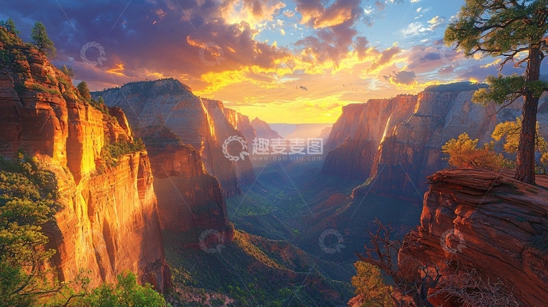 高清大图下载【趣麦麦图】壮丽峡谷夕阳景色