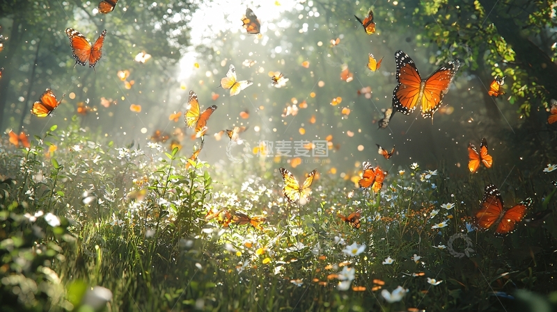 高清大图下载【趣麦麦图】阳光森林蝴蝶飞舞