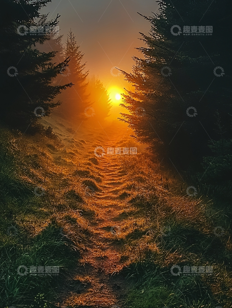高清大图下载【趣麦麦图】清晨森林小路日出