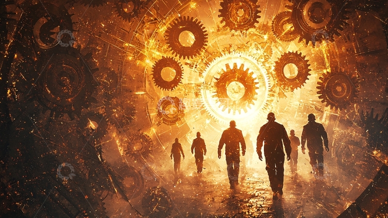 高清大图下载【趣麦麦图】火光中的齿轮与人影