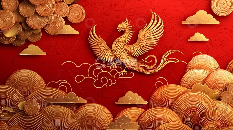 高清大图下载【趣麦麦图】金色凤凰在红色背景上翱翔