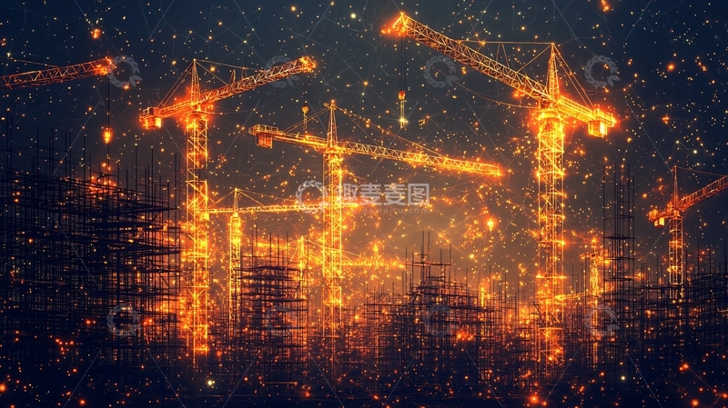 高清大图下载【趣麦麦图】火光中的建筑工地