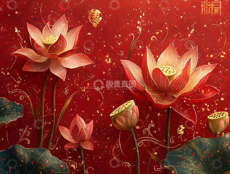 高清大图下载【趣麦麦图】红底金边荷花图