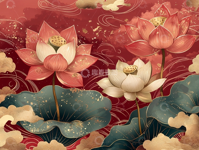 高清大图下载【趣麦麦图】红莲荷花水墨画