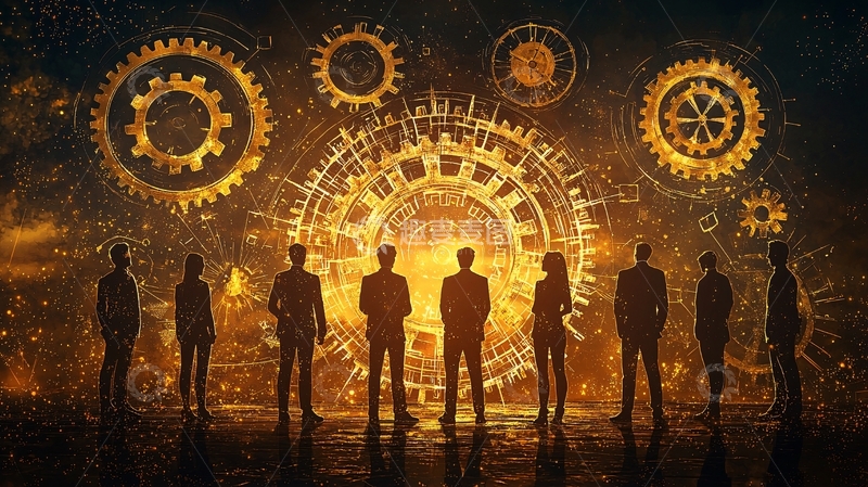 高清大图下载【趣麦麦图】金色齿轮背景商务团队
