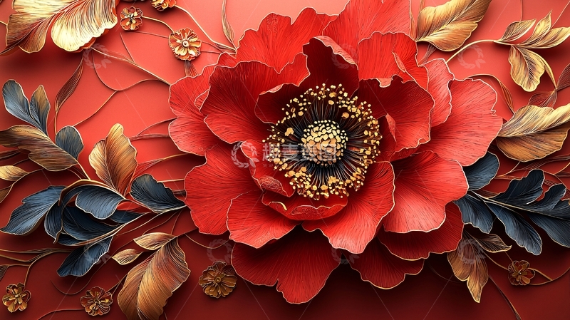 高清大图下载【趣麦麦图】红色牡丹花立体浮雕