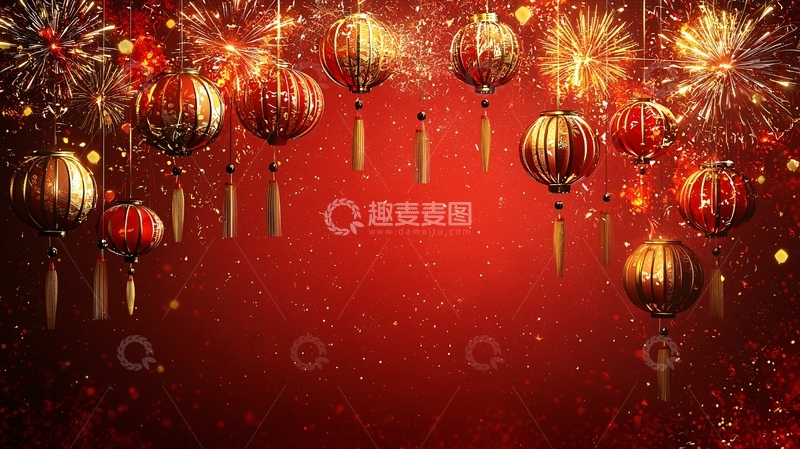 高清大图下载【趣麦麦图】红金色中国灯笼新年烟花