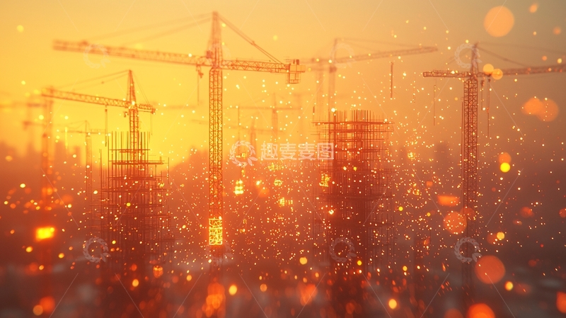 高清大图下载【趣麦麦图】夕阳下繁忙的建筑工地