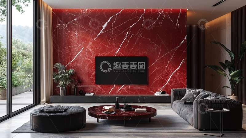 高清大图下载【趣麦麦图】红纹理大理石电视背景墙