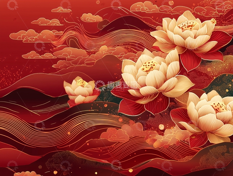 高清大图下载【趣麦麦图】红色背景下的莲花