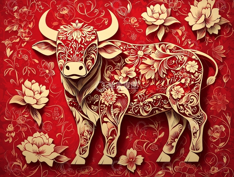 高清大图下载【趣麦麦图】红色花纹牛年吉祥图