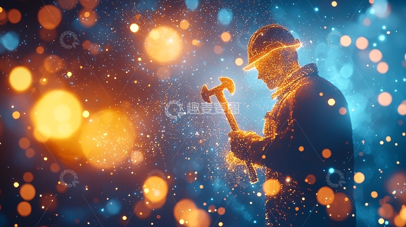 高清大图下载【趣麦麦图】夜色中戴安全帽的工人