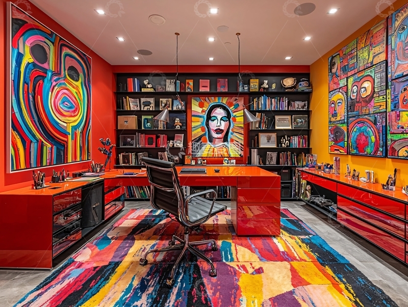 高清大图下载【趣麦麦图】红黄撞色现代书房
