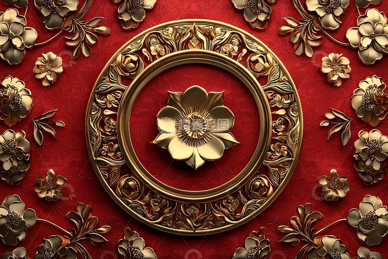 高清大图下载【趣麦麦图】金色花纹红底