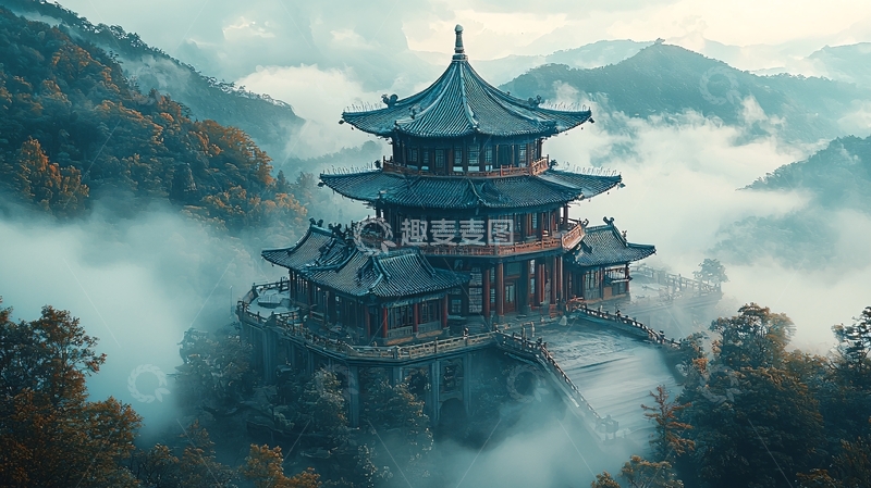 高清大图下载【趣麦麦图】云雾缭绕的山顶古建筑