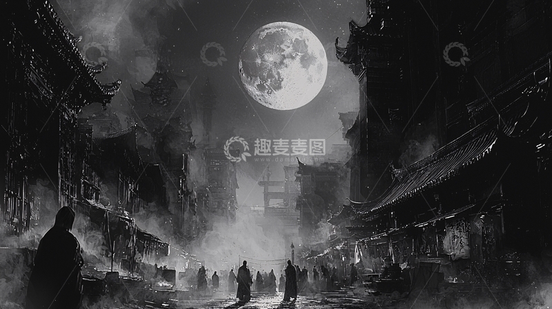 高清大图下载【趣麦麦图】水墨画风格的中国古镇夜景