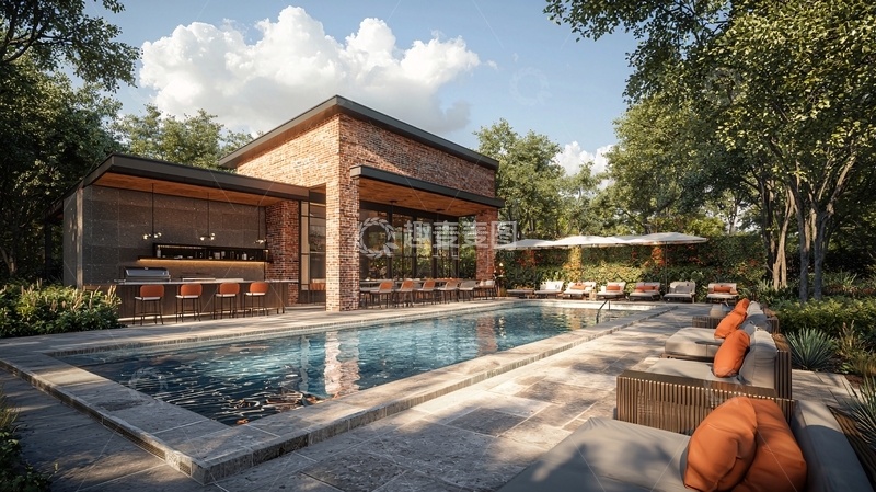 高清大图下载【趣麦麦图】红砖建筑泳池别墅庭院