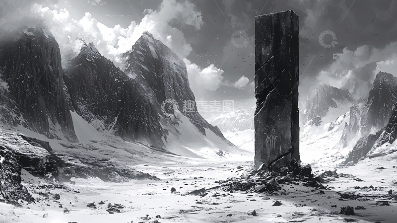 高清大图下载【趣麦麦图】黑白雪山中矗立的石碑