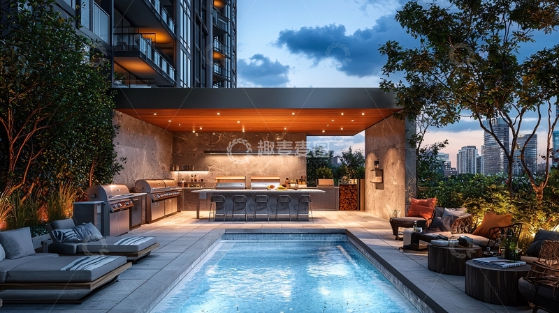 高清大图下载【趣麦麦图】-高端公寓楼顶泳池烧烤区