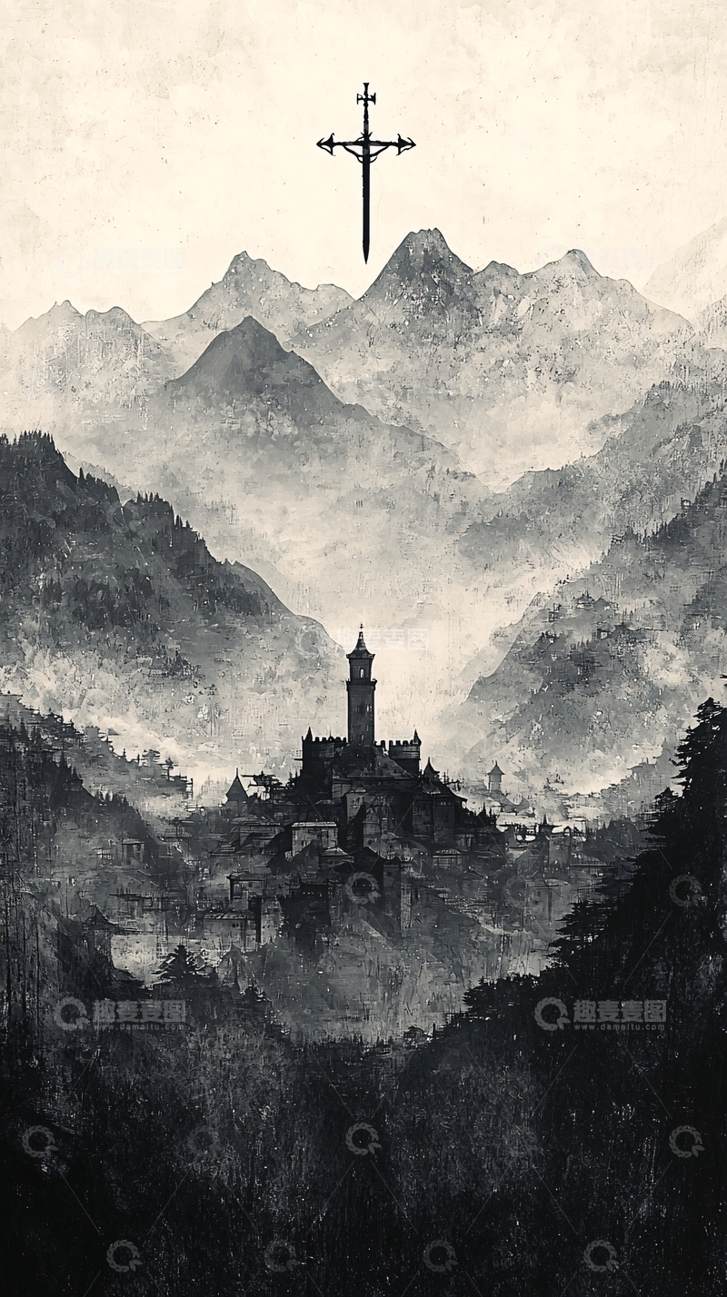 高清大图下载【趣麦麦图】山间小镇十字架