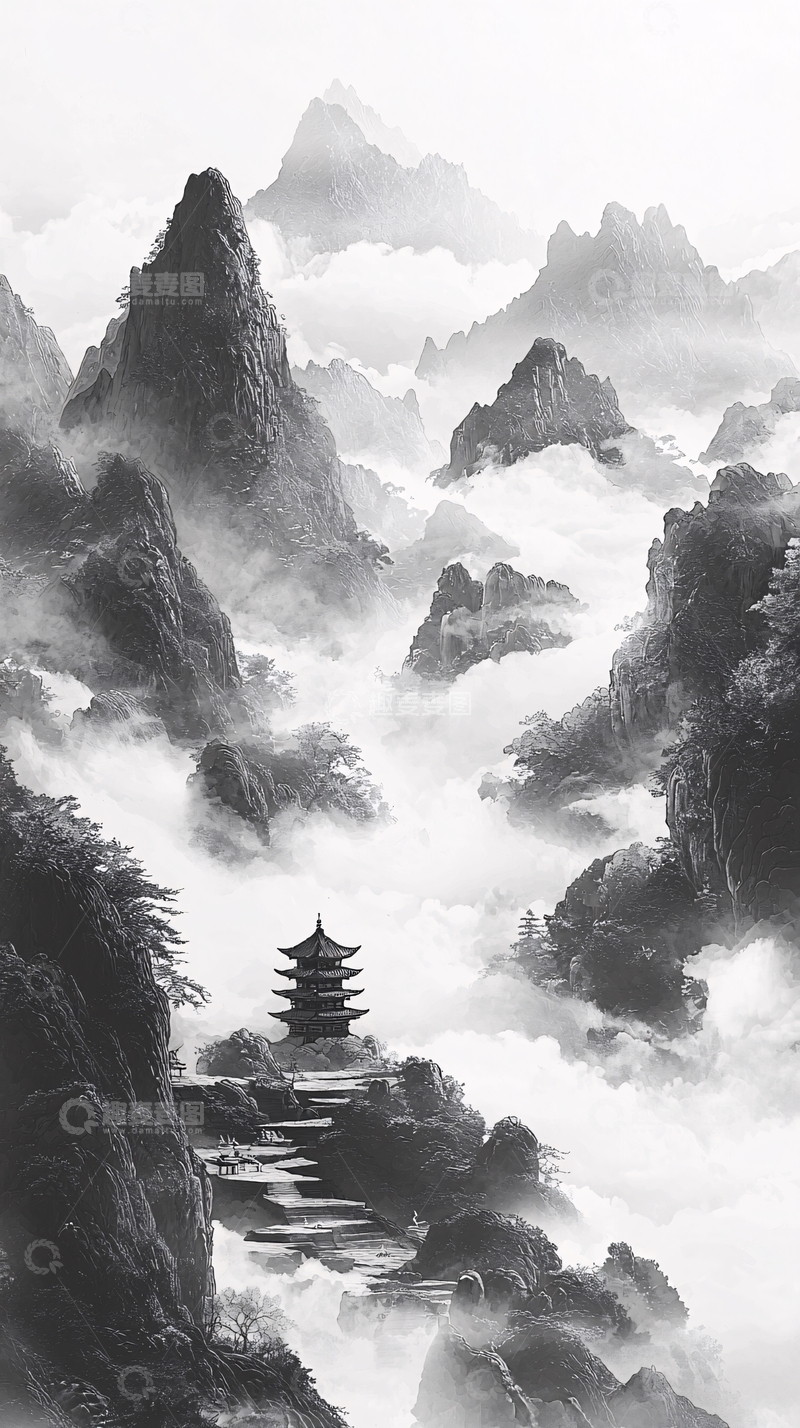 高清大图下载【趣麦麦图】水墨山水云雾缭绕的亭台