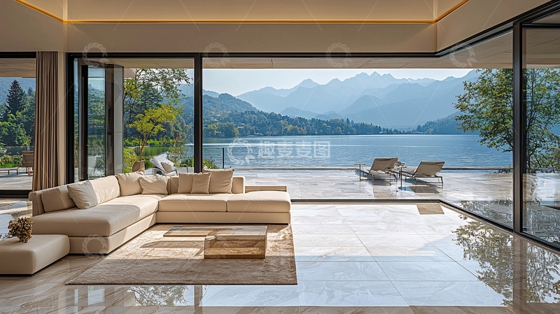 高清大图下载【趣麦麦图】极简现代湖景别墅客厅