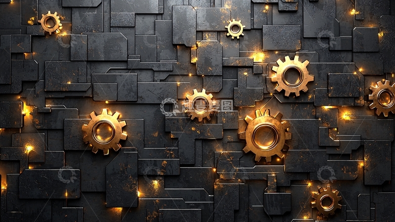 高清大图下载【趣麦麦图】暗金色齿轮黑色背景
