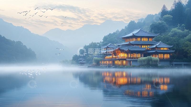 高清大图下载【趣麦麦图】清晨薄雾山间古建筑