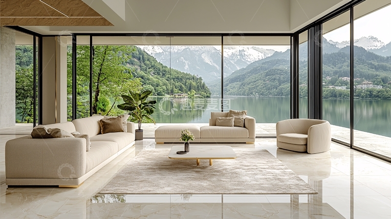 高清大图下载【趣麦麦图】极简现代湖景客厅