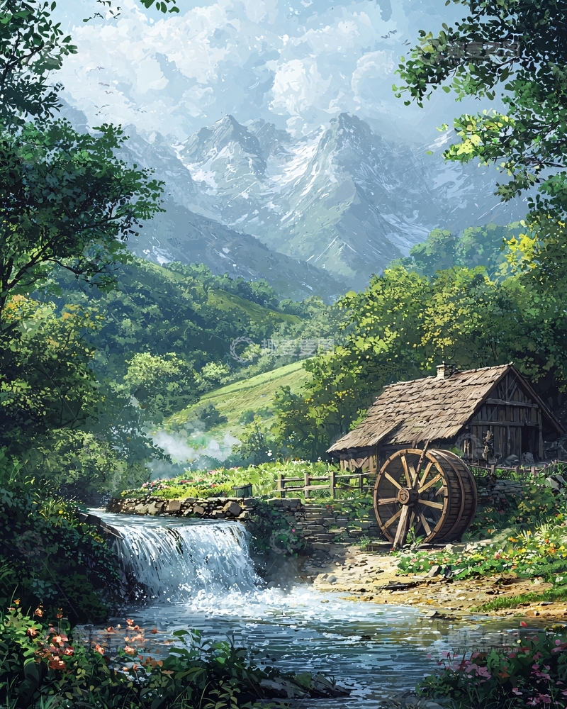 高清大图下载【趣麦麦图】山间木屋溪流风景画